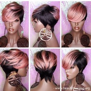 Pixie Short Cut Swoop Bang Ombre Rosado Rosa Wig